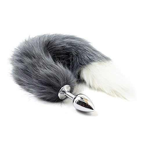 10 inch Stainless Steel butt plug with Gray Fox Tail Plug