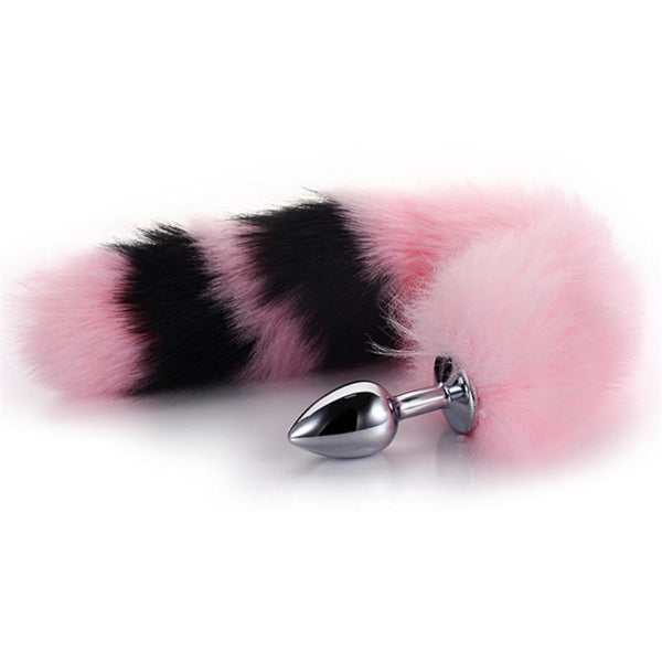 Pink With Black Fox Tail 3 sizes Stainless Steel Plug